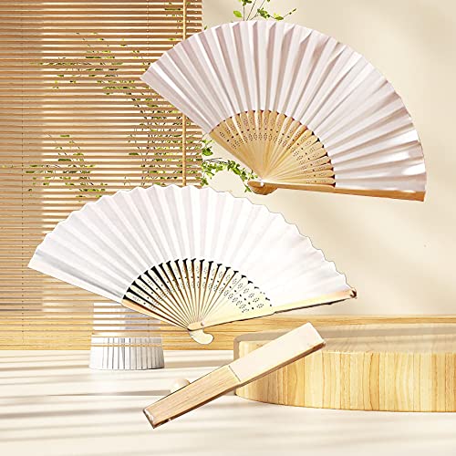 50pcs White Paper and Bamboo Folding Hand Fans